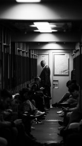 Black and white image de personnes assises et debout dans un couloir de train, utilisant des smartphones.